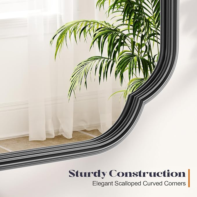 Black Scalloped Vanity Mirror, 24” x 36”Rounded Corner Rectangle Wall Mirrors with Metal Frame, Modern Vanity Bathroom Mirror for Over Sink, Bedroom, Entryway, Horizontal or Vertical