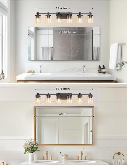 Bathroom Light Fixture, Bathroom Vanity Light Over Mirror, 6-Lights | Vanity Lights for Bathroom, Modern Lighting Fixtures with Clear Glass Shade, Black Vanity Lights, ETL Listed