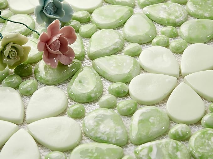5 Sheets Green Flowers Luminescent Mosaic Wall and Floor Tiles for Bathroom and Kitchen 13.39 * 10.83 Inches 1.01 sq.ft