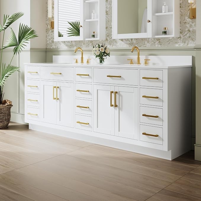 84-Inch Bathroom Vanity with Double Sinks W/ 4 Doors & 12 Drawers & 2 Flip Drawers, White Vanity W/Brushed Gold Handles
