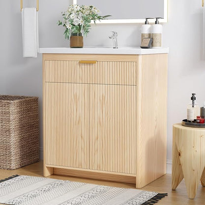 Bathroom Vanity with Sink, 32 Inch Single Bathroom Vanity with Sink with Storage Cabinet for Small Space, Freestanding Storage Bathroom Vanity with 2 Soft Closing Cabinets, Nature Wood