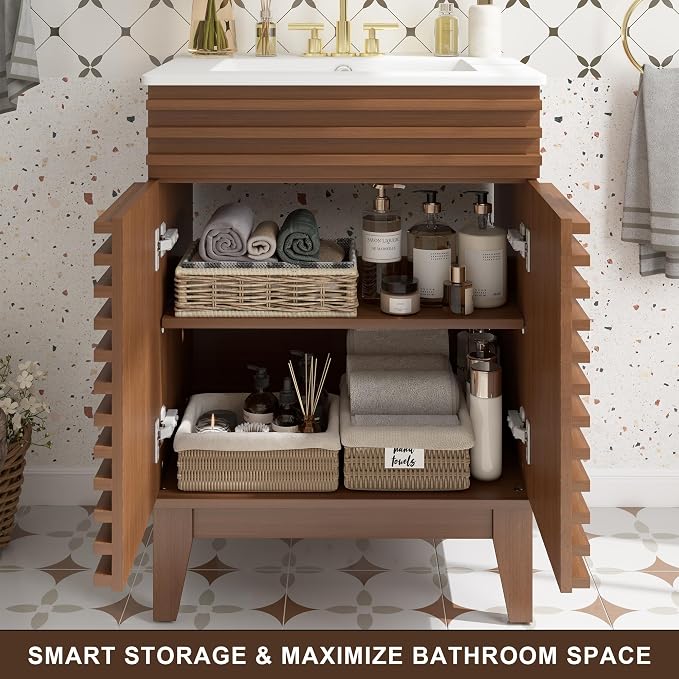 24 Inch Bathroom Vanity with Sink, Walnut Fluted Freestanding Bathroom Vanity Cabinet with Ceramic Sink Top, Solid Wood Legs, Soft Close Double Doors and Modern Storage Cabinet