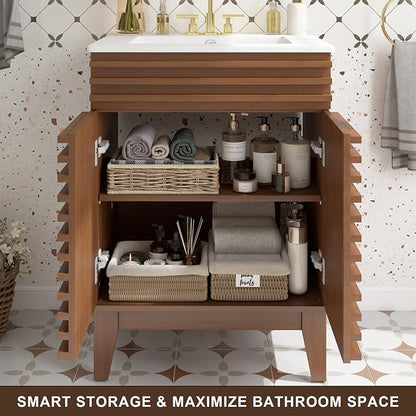 24 Inch Bathroom Vanity with Sink, Walnut Fluted Freestanding Bathroom Vanity Cabinet with Ceramic Sink Top, Solid Wood Legs, Soft Close Double Doors and Modern Storage Cabinet