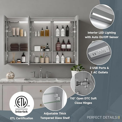 LED Lighted Medicine Cabinet with Mirror, 48x32 Inches, Recessed or Wall Mounted, Anti-Fog, 3 Color Temperature, Adjustable Brightness, Bathroom Storage Cabinet