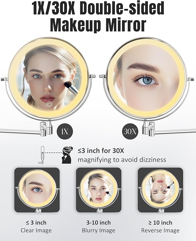 30X/1X 8 Inch Wall Mounted Magnifying Makeup Mirror with Light for Bathroom | 3500mAh Double Sided Rechargeable LED Lighted Vanity Mirror with Magnification 3 Color Light up Extended Arm 360 Rotation