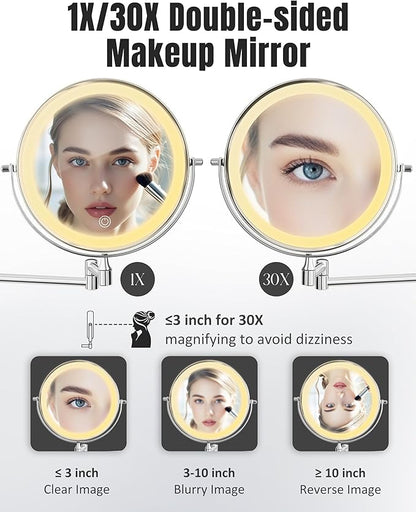 30X/1X 8 Inch Wall Mounted Magnifying Makeup Mirror with Light for Bathroom | 3500mAh Double Sided Rechargeable LED Lighted Vanity Mirror with Magnification 3 Color Light up Extended Arm 360 Rotation