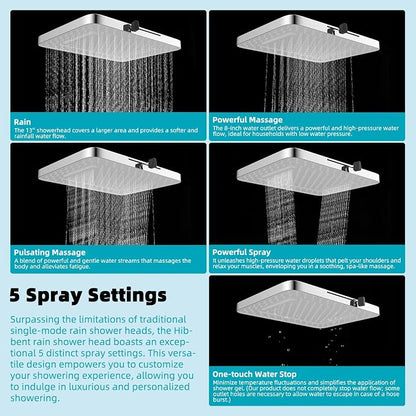 Hibbent Rain Shower Head, 13'' High Pressure Rainfall Square 5 Spray Mode Showerhead with 16" Shower Head Extension Arm, Solid Brass Adjustable Shower Arm Extender, Waterfall fixed Showerheads, Silver