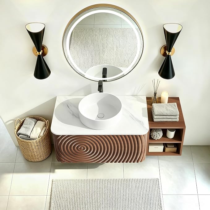 42 Inch Modern Bathroom Vanity with Ceramic Sink, Floating Bathroom Sink Cabinet with Sintered Stone Top&Solid Wood Hammered Frame, Single Bathroom Vanities w/Soft-Close Drawer&Side Open Cube