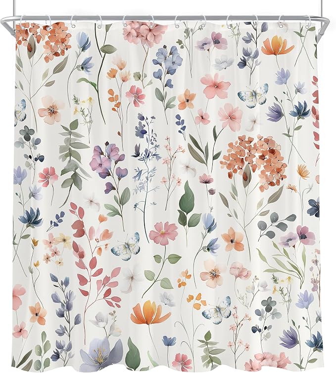 Boho Coral Pink Flower Colorful Wildflower Bathroom Shower Curtain Set | 72"W x 78"H Floral Watercolor; waterproof HD print, quick-dry fabric and plastic hooks for easy setup.