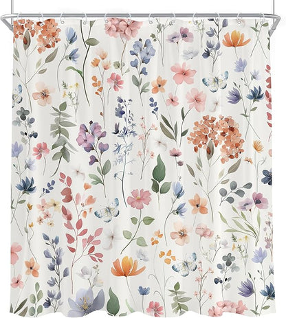 Boho Coral Pink Flower Colorful Wildflower Bathroom Shower Curtain Set | 72"W x 78"H Floral Watercolor; waterproof HD print, quick-dry fabric and plastic hooks for easy setup.