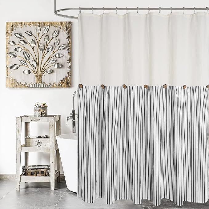 DOSLY Ides Farmhouse Shower Curtain, Beige and Black Striped, Button Curtain, Spa Waffle and Cotton Woven Fabric, Rustic Charm Country Chic Style, 72x96 in