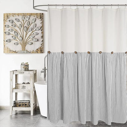 DOSLY Ides Farmhouse Shower Curtain, Beige and Black Striped, Button Curtain, Spa Waffle and Cotton Woven Fabric, Rustic Charm Country Chic Style, 72x96 in