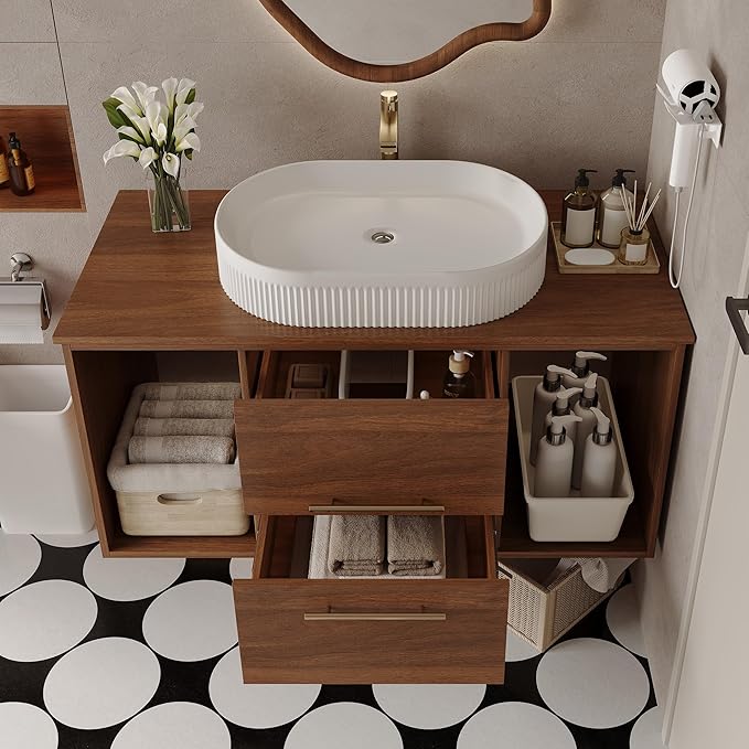 39.4 inch Modern Floating Bathroom Vanity with Sink, Wall Mounted Bathroom Cabinet with Oval Fluted Ceramic Sink, Wood Grain Counter Top, 2 Soft Closing Drawers & Open Storage Shelf, Walnut