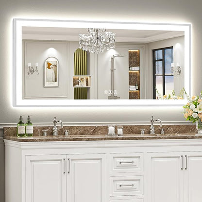 72x32 Inch Brushed Nickel LED Bathroom Mirror, Backlit & Front Lit | Silver Framed Anti-Fog Lighted Vanity Mirror with Lights, 3 Color Dimmable, Memory, HD Tempered Glass, CRI95, IP54, UL Listed