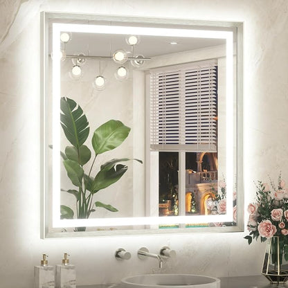 Led Bathroom Mirror 36 x 36 with Brushed Nickel Frame Anti-Fog Frontlit & Backlit Vanity Mirror Stepless Dimmable 3 Colors White/Warm/Natural Wall-Mounted