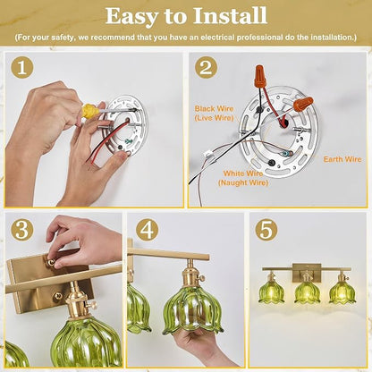 3-Light Vintage Bathroom Vanity Light, 19.4" Brass Hardwired Wall Sconce with Amber Tulip Glass Shades, Brushed Gold Vanity Light for Mirror, Restroom, Bedroom (Green, 3-Light)