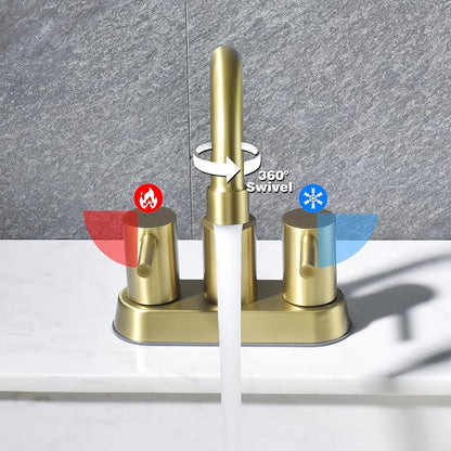 4 Inch Centerset Brushed Gold Bathroom Sink Faucet 2 or 3 Hole | Stainless Steel 2 Handle Gold Bathroom Faucet, Sink Faucet for Vanity, Rv, Restroom