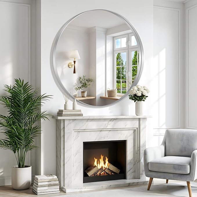Silver Round Mirror 36 inch Deep Frame Circle Mirror, Metal Framed Bathroom Mirror, Round Vanity Mirror, Circle Mirrors for Wall Entryway Bedroom Living Room Hallway