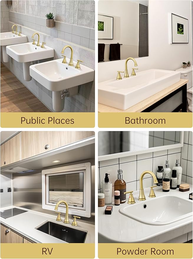 Fransiton Widespread Bathroom Sink Faucet 3 Hole, Brushed Gold Bathroom Faucet with Metal Pop-Up Drain, 2 Handle for 6-16" RV Vanity Sink