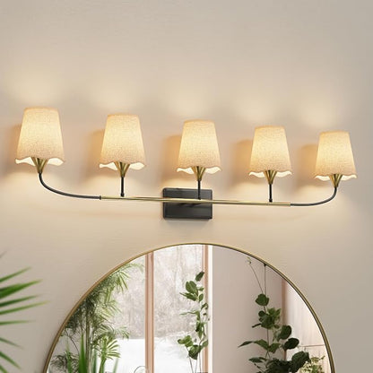 Morauroral Bathroom Light Fixtures Over Mirror, 5 Light Vanity Light for Bathroom, Black Gold Vanity Light Fixtures with Fabric Linen Shade, E26 Socket Sconce Wall Decor(ETL Listed)