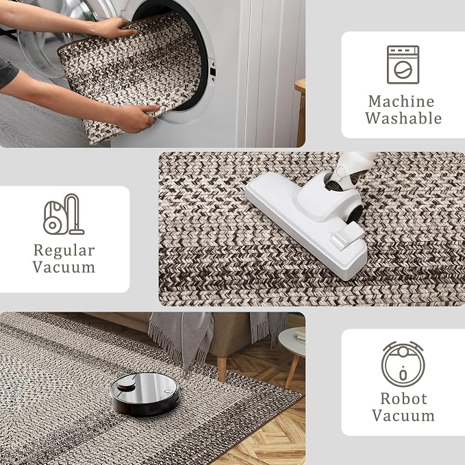 Imitation Braided Collection-Print 4x6 Bedroom Washable Area Rug Dining Room Throw Carpet with Non Slip Rubber Backing, Farmhouse Soft Low Pile Rustic Accent Rug for Living Room Home Decor