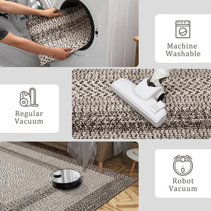 Imitation Braided Collection-Print 2x8 Runners for Hallway Non Slip Washable Kitchen Rugs, Farmhouse Rustic Bordered Area Rug Soft Low Pile Indoor Carpet Runners for Entryways, Living Room