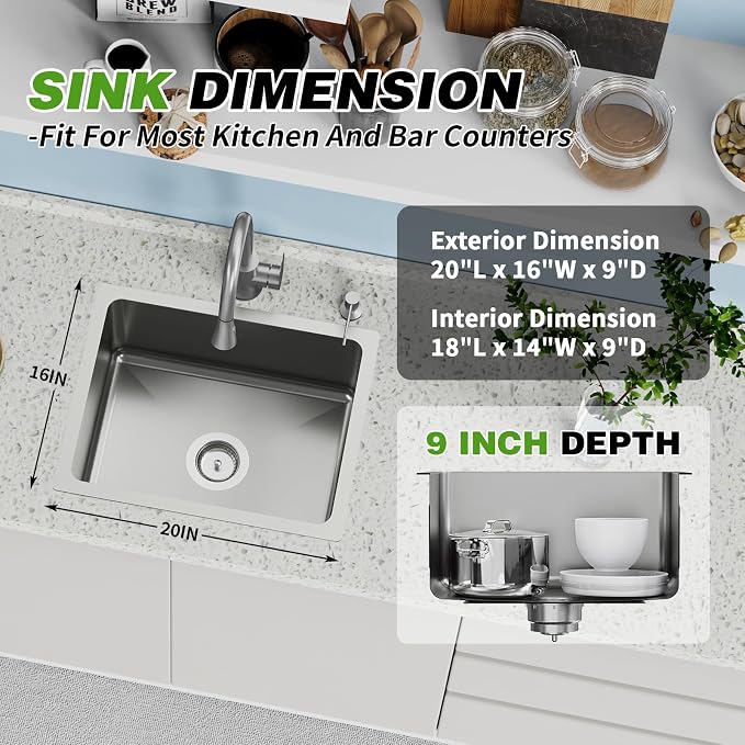 20x16 In Kitchen And Bar Sink- Stainless Steel Undermount Kitchen Sink Modern Single Bowl Drop In Bar Sink With Silicon Mat,Drain Strainer Set Compatibility With Various Kitchen & Bar Style