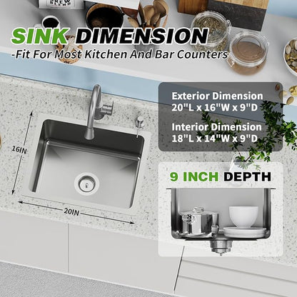 20x16 In Kitchen And Bar Sink- Stainless Steel Undermount Kitchen Sink Modern Single Bowl Drop In Bar Sink With Silicon Mat,Drain Strainer Set Compatibility With Various Kitchen & Bar Style