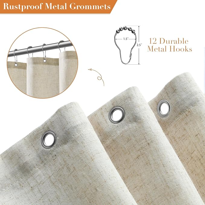Linen Shower Curtain for Bathroom 78 Inches Length Light Beige | Weighted Fabric Bath Curtains with Hooks, Water Repellent, Neutral Boho Farmhouse, Simple Luxury Shower Decor, 1 Panel, 72x78