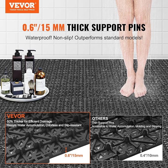VEVOR Interlocking Tile 55PCS Black, Drainage Tiles 12" x 12" Splicing, Soft PVC Interlocking Drainage Floor Tiles, Non-Slip Drainage Holes for Restroom, Bathroom, Kitchen, Pool, Wet Areas | for Restroom Bathroom Kitchen Swimming Pools Wet Areas, 0.6-I...