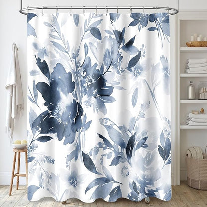 Floor to Ceiling Extra Long Flower Shower Curtain 72x96 Inch, Navy Blue | X-Long Tall 8 Ft Watercolor Floral Modern Abstract Bathroom Fabric Shower Curtain Set with Hooks, Blue White