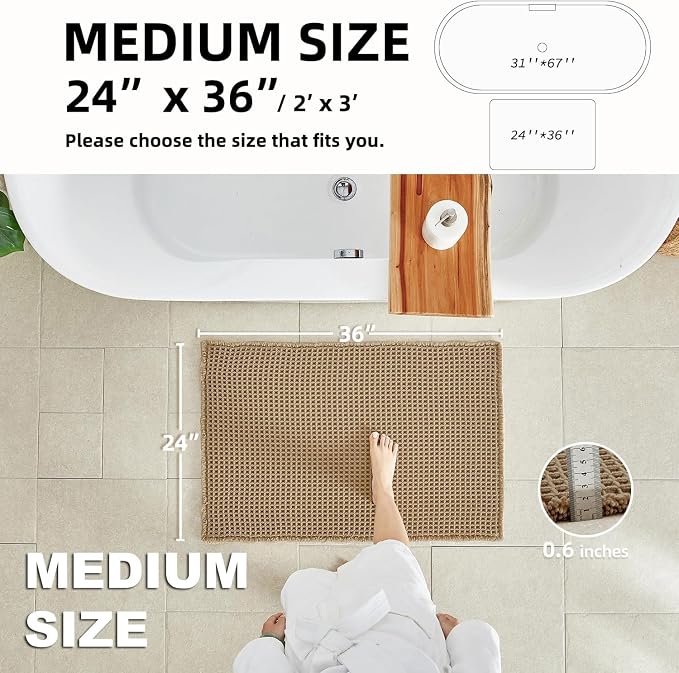 TYUU Waffle Bath Mat, Boho Bathroom Rugs Non Slip Washable, 36x24 Khaki | Super Absorbent Quick Dry Bath Rug, Non-Slip Backing, Soft Waffle Boho Farmhouse Bathroom Mats, Tub, Shower & Home Decor