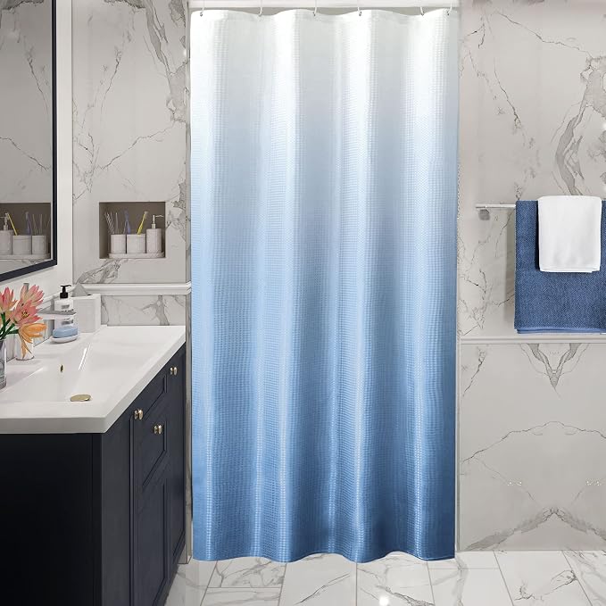 Small Stall Blue Ombre Shower Curtain, 36 x 72 | Narrow Half Blue Ombre Shower Curtain for Bathroom, Fabric Shower Curtain Set, Water Repellent, Machine Washable
