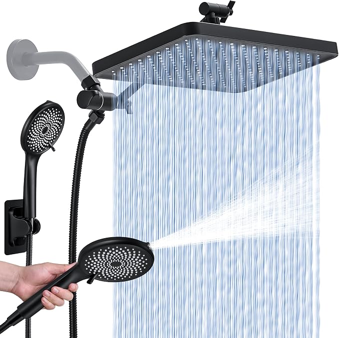 Shower Head with Handheld, Built-in Power Wash Mod High Pressure Rain Showerhead Spray Combo Set, Adjustable 13" Dual Tandem Shower Heads - Matte Black