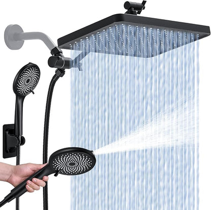 Shower Head with Handheld, Built-in Power Wash Mod High Pressure Rain Showerhead Spray Combo Set, Adjustable 13" Dual Tandem Shower Heads - Matte Black