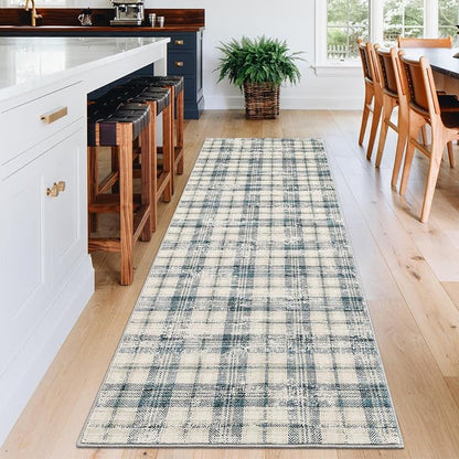 Washable Rugs Runner Rug 2x6 Modern Plaid Area Rug Soft Carpet 2'x6' Green/Beige