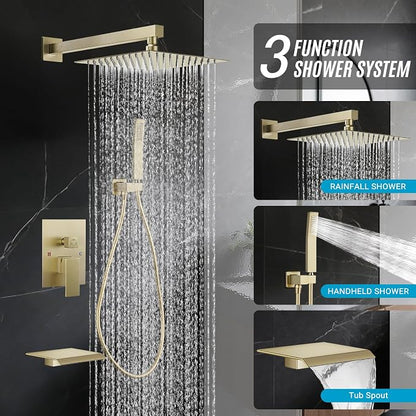 10" Rain Shower Faucet Set with Tub Spout, Brush Gold | Anti-scald cartridge, air tech boosts pressure 50%, 3-func diverter, NPT 1/2