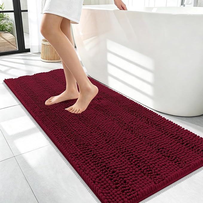 OLANLY Thick Bathroom Runner Rugs 47x17, Soft Chenille Bath Rugs, Burgundy | Absorbent Striped, Rubber Backing, Machine Wash, Long Bath Mats for Bathroom Floor, Tub and Shower, Home Decor Accessories