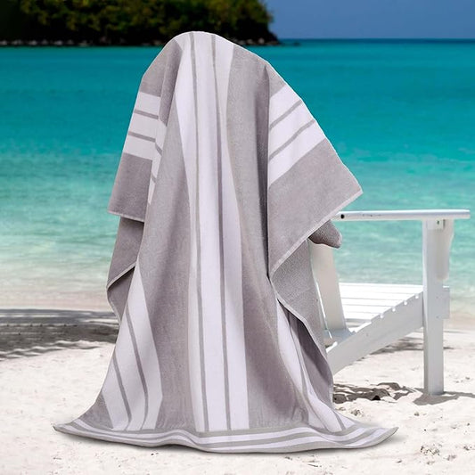 Superior Oversized Cotton Beach Towel Set of 4, Absorbent Towels for Bathroom, Beach, Pool, Swim, Adults, Kids, Vacation, Travel, Bath, Quick Dry Basics, Trip Essentials, Striped Decor, Light Grey