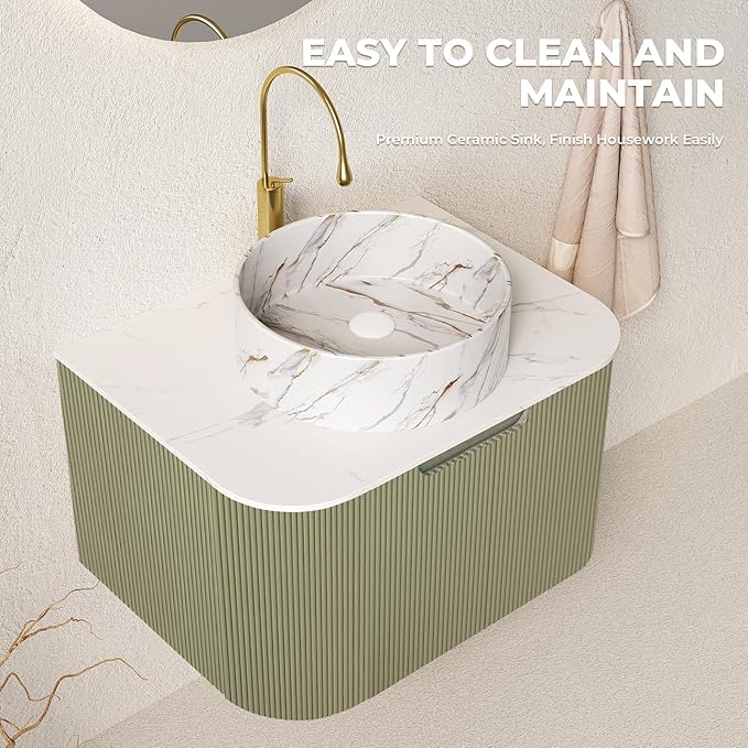 LKTART 24 Inch Floating Bathroom Vanity with Sink, Modern Wall Mounted Bathroom Storage Cabinet with Drawer, Stone Pattern Round White Ceramic Sink Top and Marble Texture Top, Green