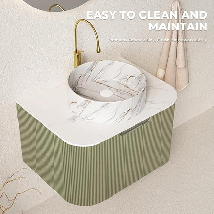 LKTART 24 Inch Floating Bathroom Vanity with Sink, Modern Wall Mounted Bathroom Storage Cabinet with Drawer, Stone Pattern Round White Ceramic Sink Top and Marble Texture Top, Green