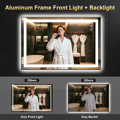 LED Bathroom Mirror with Light, 24x36 Vanity Mirror for Wall with Frame | Anti-Fog, Dimmable 3 Colors, Memory Function, Backlit and Front Lit, Shatter-Proof Glass, Plug-in/Hardwired
