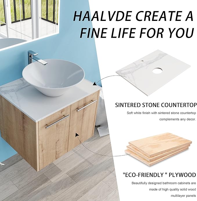 24" Floating Vanity with Sink, 24 Inch Bathroom Vanity with Sink, Modern Plywood Floating Cabinet with Sintered Stone Countertop and White Ceramic Basin, Soft Close Doors