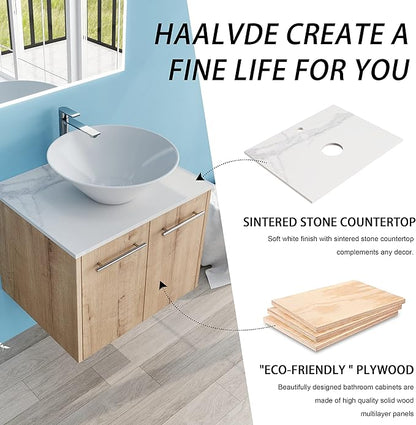 24" Floating Vanity with Sink, 24 Inch Bathroom Vanity with Sink, Modern Plywood Floating Cabinet with Sintered Stone Countertop and White Ceramic Basin, Soft Close Doors