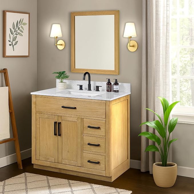 36-inch Natural Oak Bathroom Vanity with Sink, Solid Wood, 0.79-inch Stone Countertop and Backsplash, 4 Drawers, 2 Soft Closing Doors