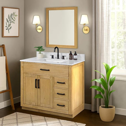 36-inch Natural Oak Bathroom Vanity with Sink, Solid Wood, 0.79-inch Stone Countertop and Backsplash, 4 Drawers, 2 Soft Closing Doors