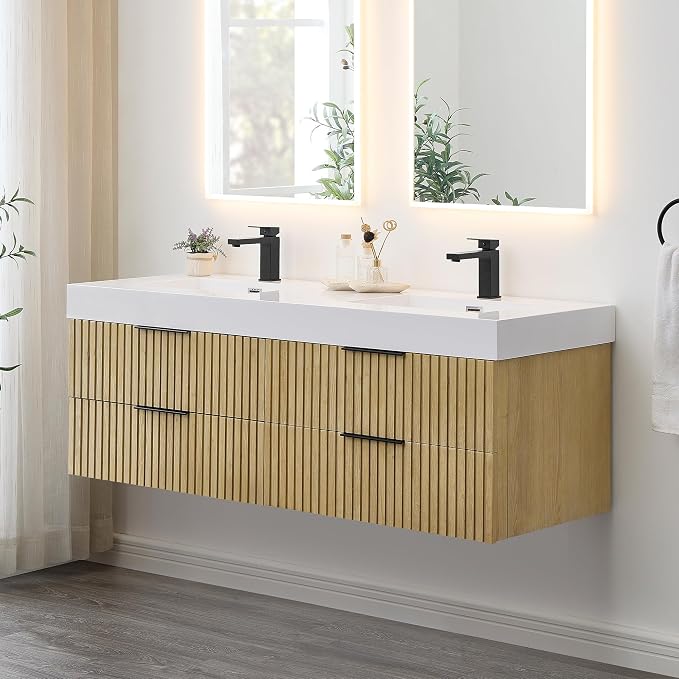 60 Inch Floating Sink Bathroom Vanity Wall Mount Double Vanities with Top | Pre-Assembled, Sturdy Solid Wood, Modern Vanity, Ceramic Sink, Large Storage Cabinet, Soft Closing Doors, Dovetail Drawers