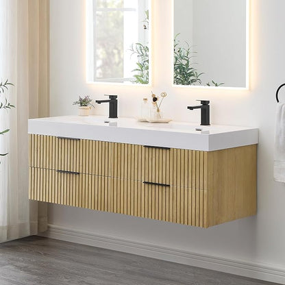 60 Inch Floating Sink Bathroom Vanity Wall Mount Double Vanities with Top | Pre-Assembled, Sturdy Solid Wood, Modern Vanity, Ceramic Sink, Large Storage Cabinet, Soft Closing Doors, Dovetail Drawers