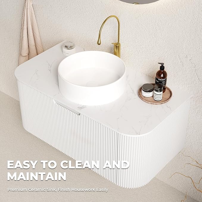 LKTART 36 Inch Floating Bathroom Vanity with Sink, Modern Wall Mounted Bathroom Storage Cabinet with Drawer, Round White Ceramic Sink Top and Marble Texture Top, White