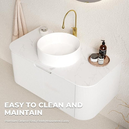 LKTART 36 Inch Floating Bathroom Vanity with Sink, Modern Wall Mounted Bathroom Storage Cabinet with Drawer, Round White Ceramic Sink Top and Marble Texture Top, White